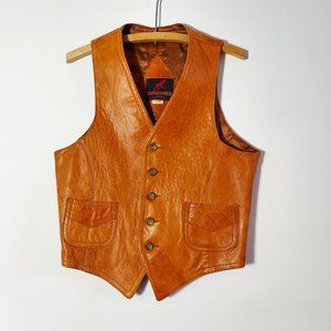 Vintage Tan Brown Genuine Leather Vest Western 70s Stone Buttons Pockets